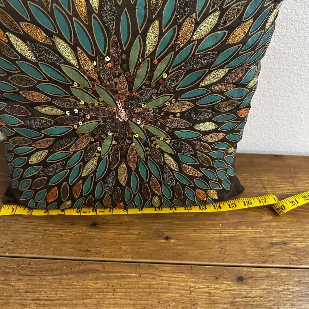 Vintage Pier 1 Imports Embroidered Bohemian Brown Throw Pillow 16x16